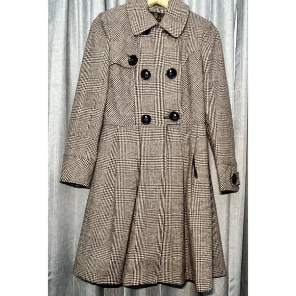 Ben Sherman Coat Womens Small Brown Glen Plaid Pleated Long Peacoat Wool - Picture 5 of 16